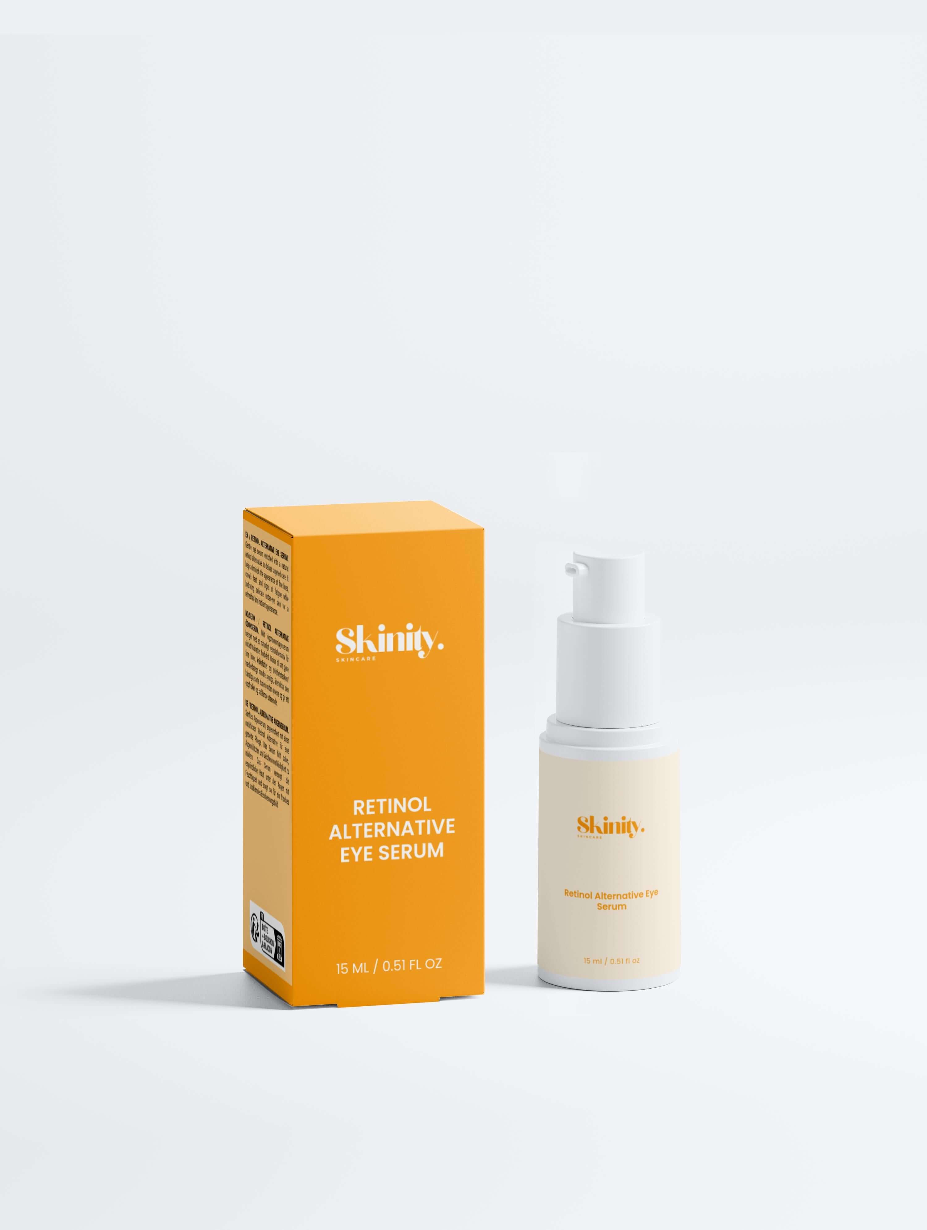 Natural retinol alternative eye serum in a sleek bottle with bright packaging on a minimalist background.