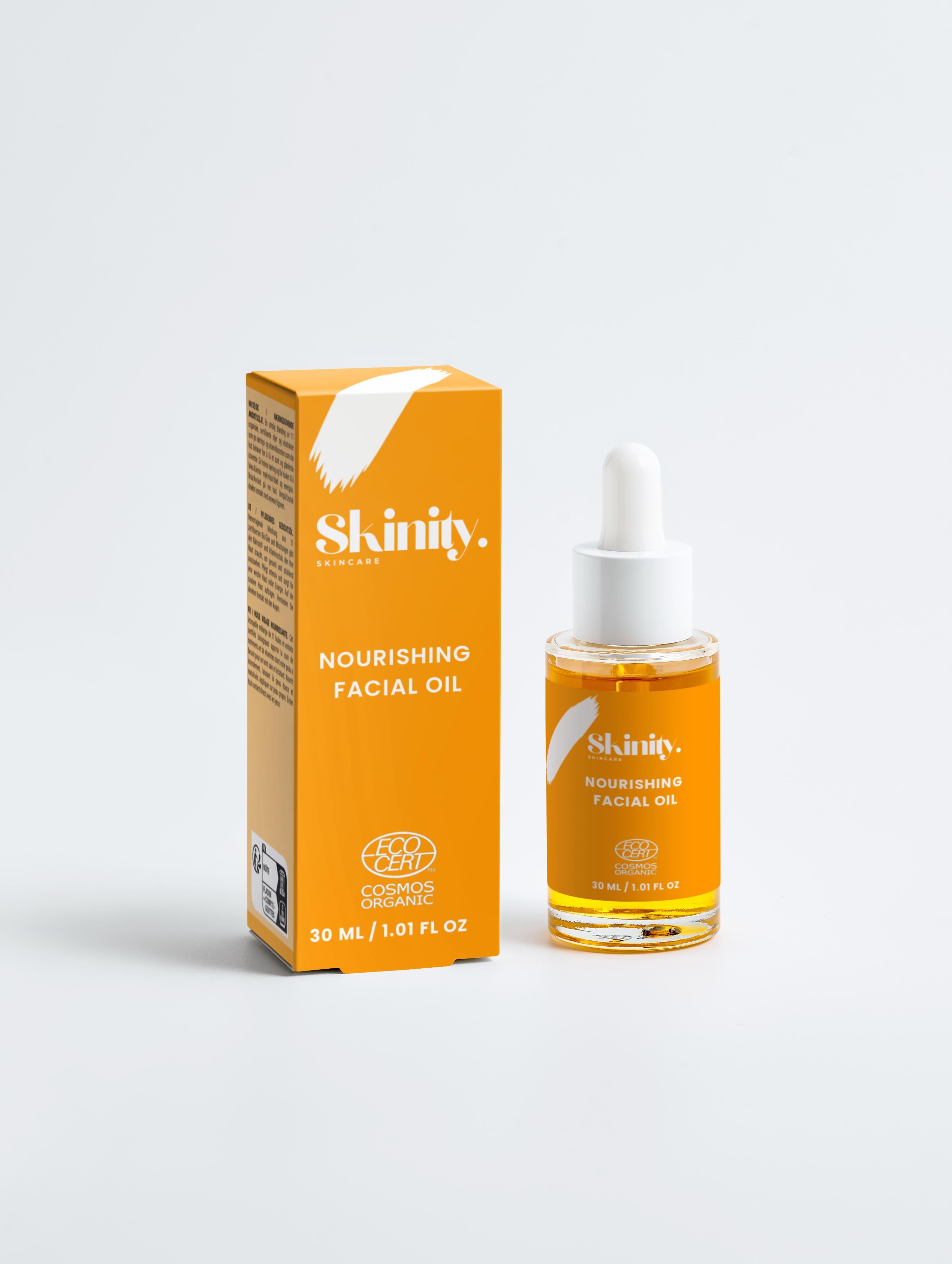 Nourishing Facial Oil For All Skin in a glass bottle with dropper and orange box packaging.