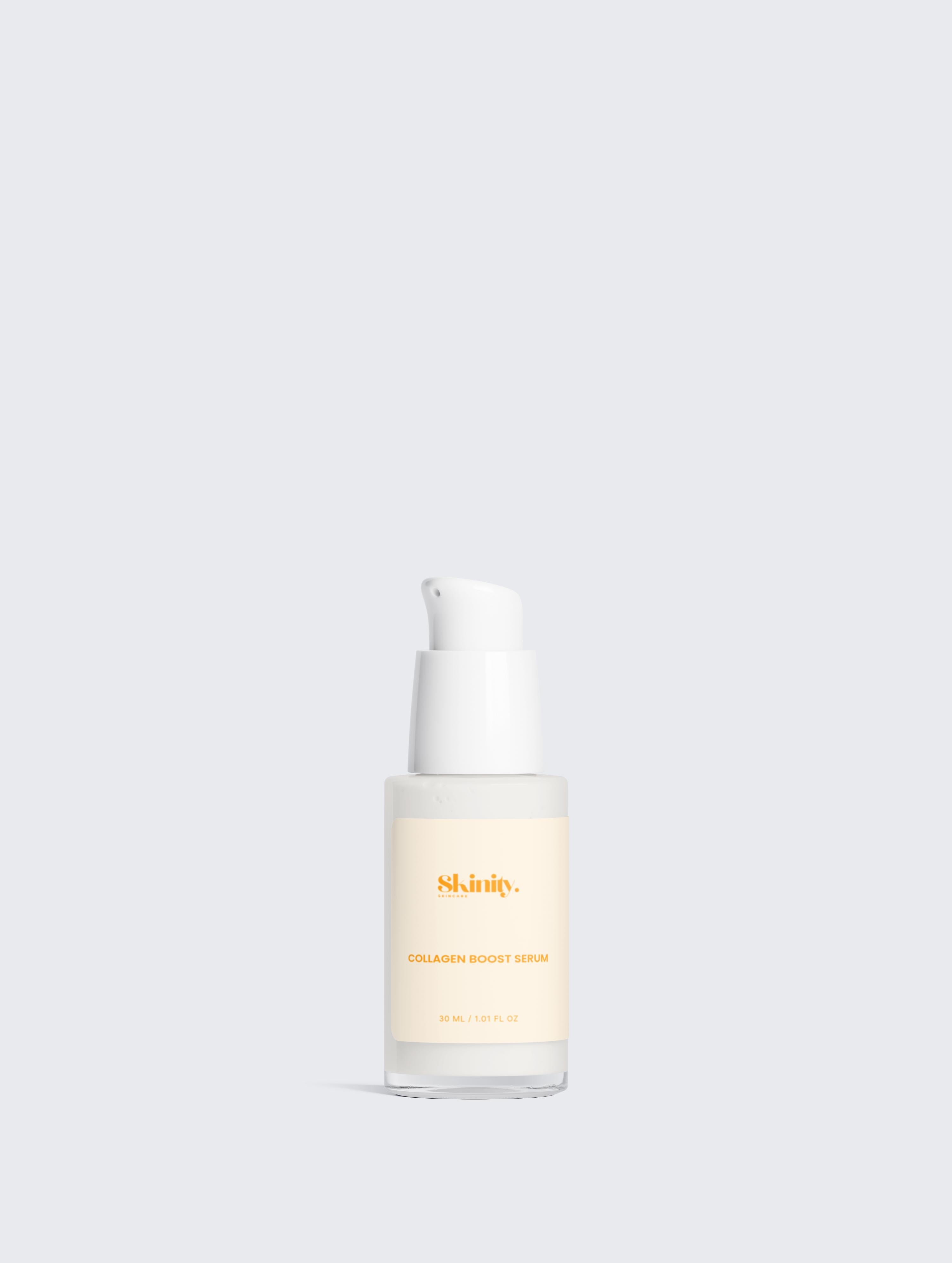 Collagen boost serum for all skin in a pump bottle, promoting smoothness and a youthful glow.