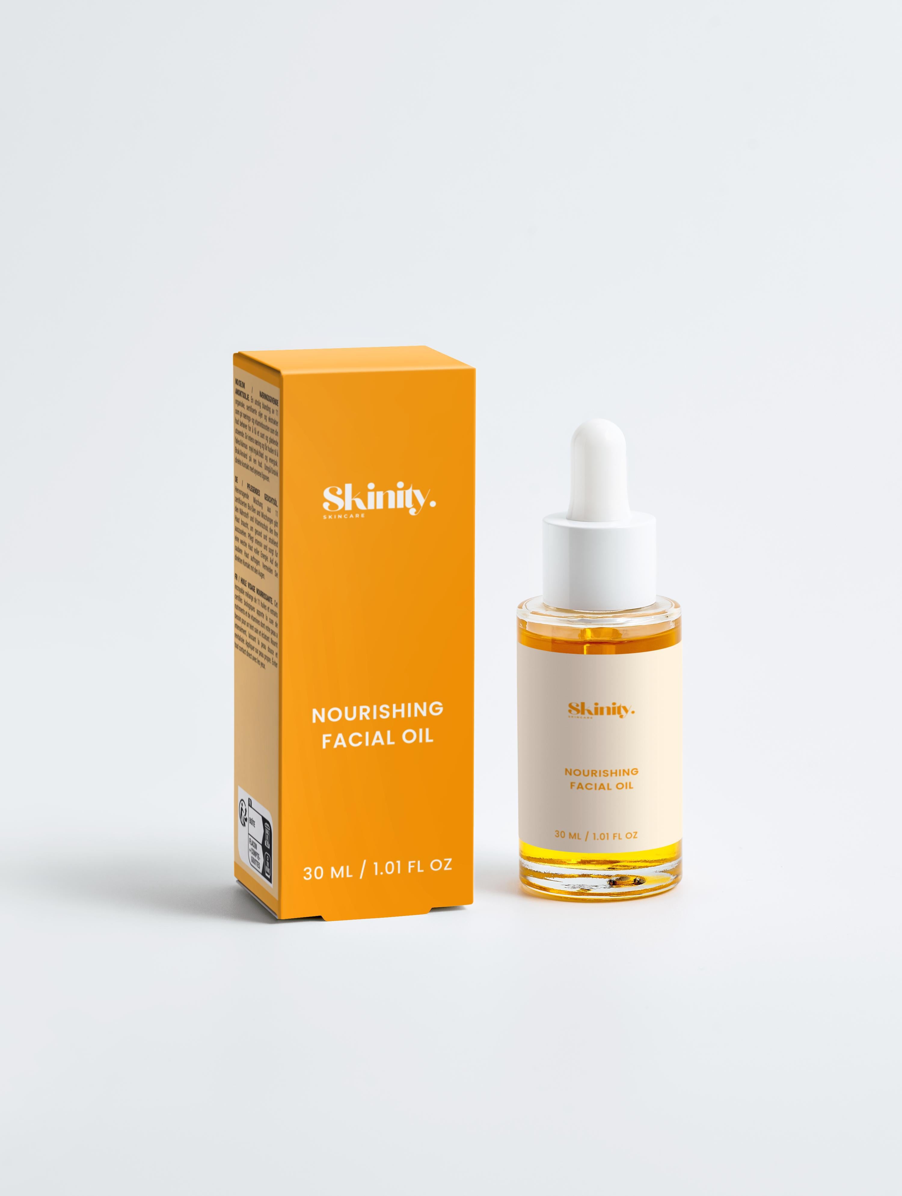 Nourishing facial oil for all skin in a bottle with dropper and an orange box, promoting healthy skin.