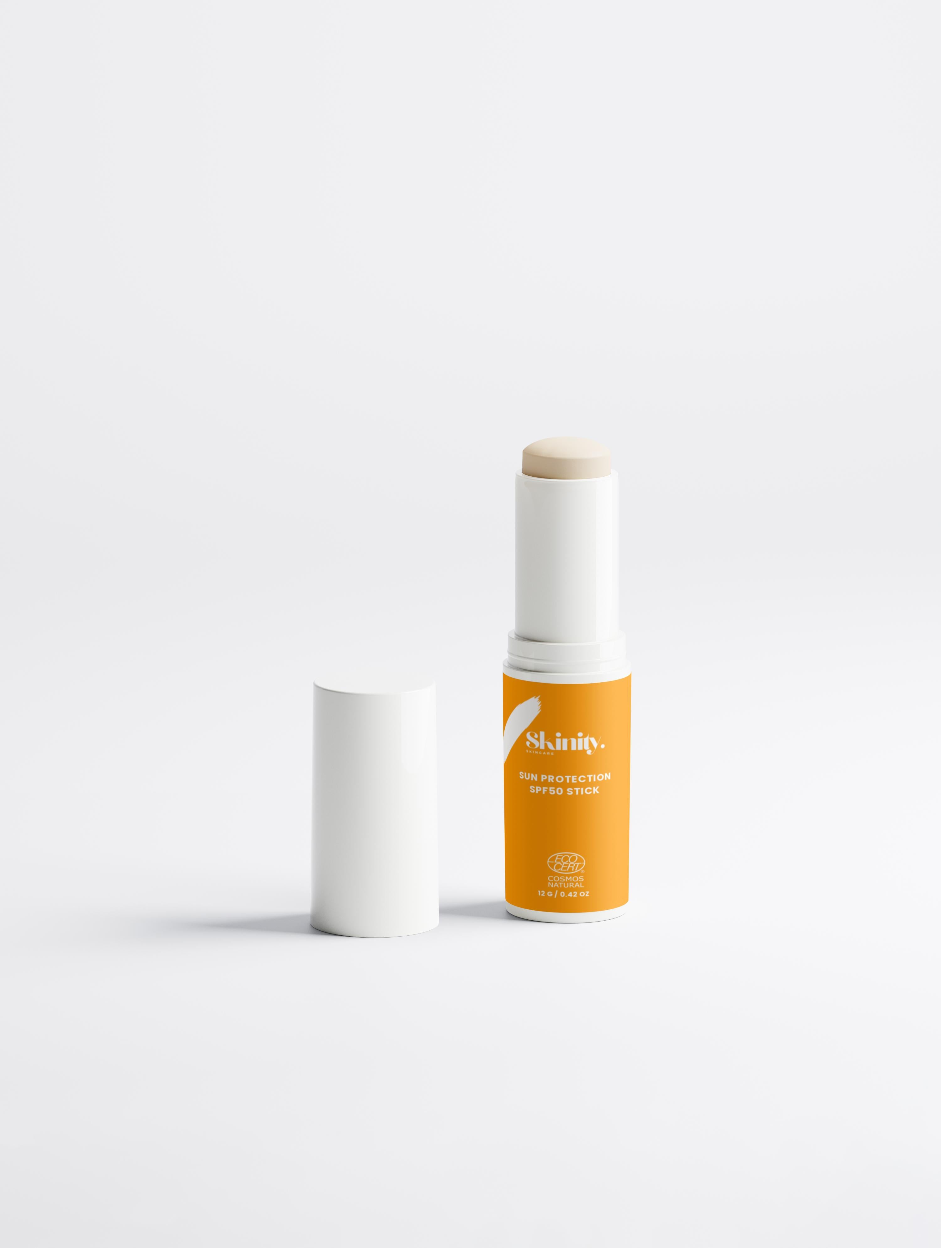 Sun Protection SPF50 Stick no tint in a sleek design with a white cap and bright orange body, perfect for everyday use.